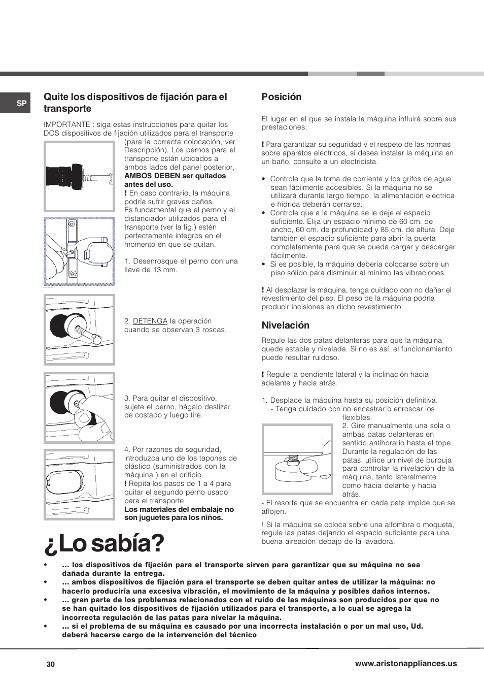 Lo sabía, Posición, Nivelación | Ariston AW 149 User Manual | Page 30 / 72