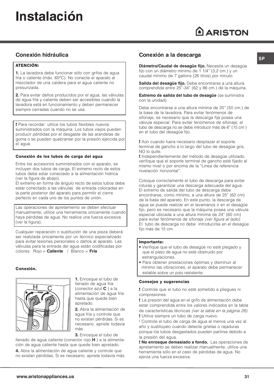 Instalación, Conexión a la descarga, Conexión hidráulica | Ariston AW 149 User Manual | Page 31 / 72