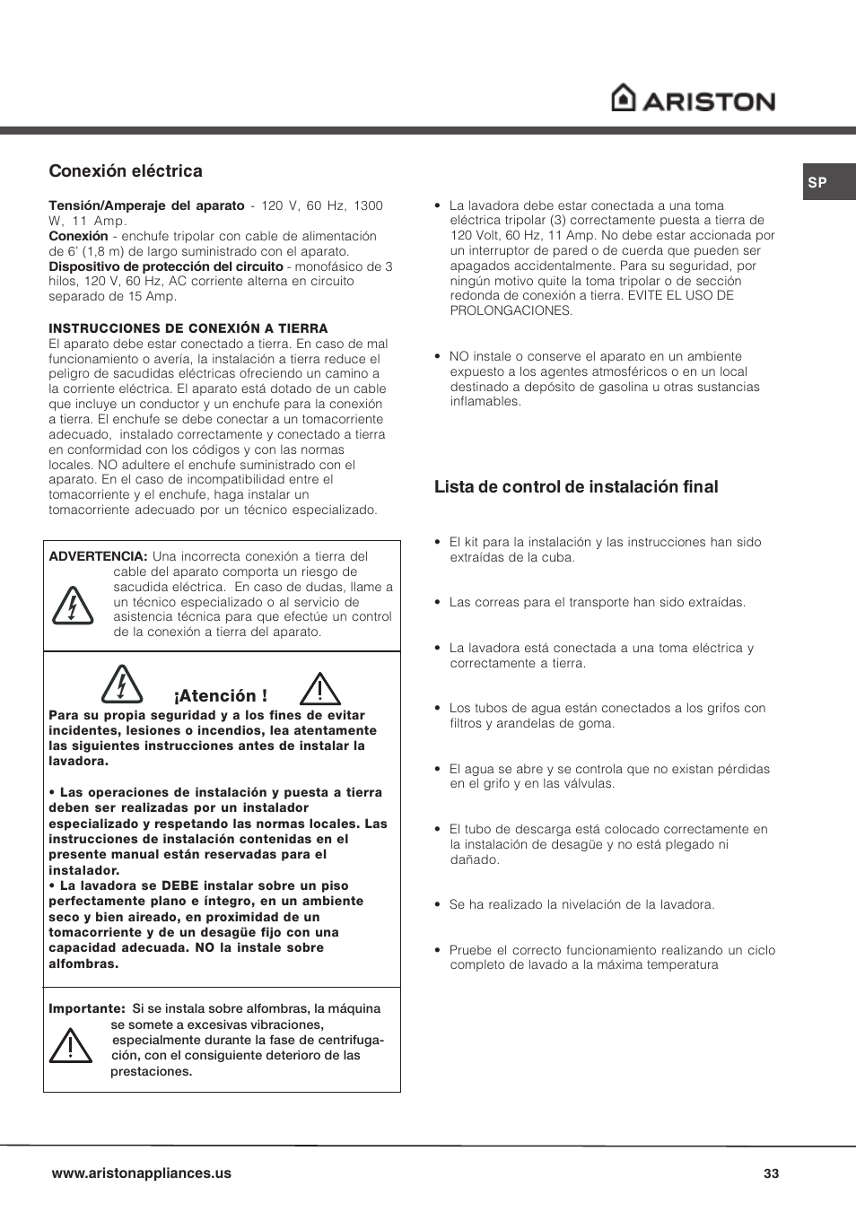 Conexión eléctrica, Atención, Lista de control de instalación final | Ariston AW 149 User Manual | Page 33 / 72