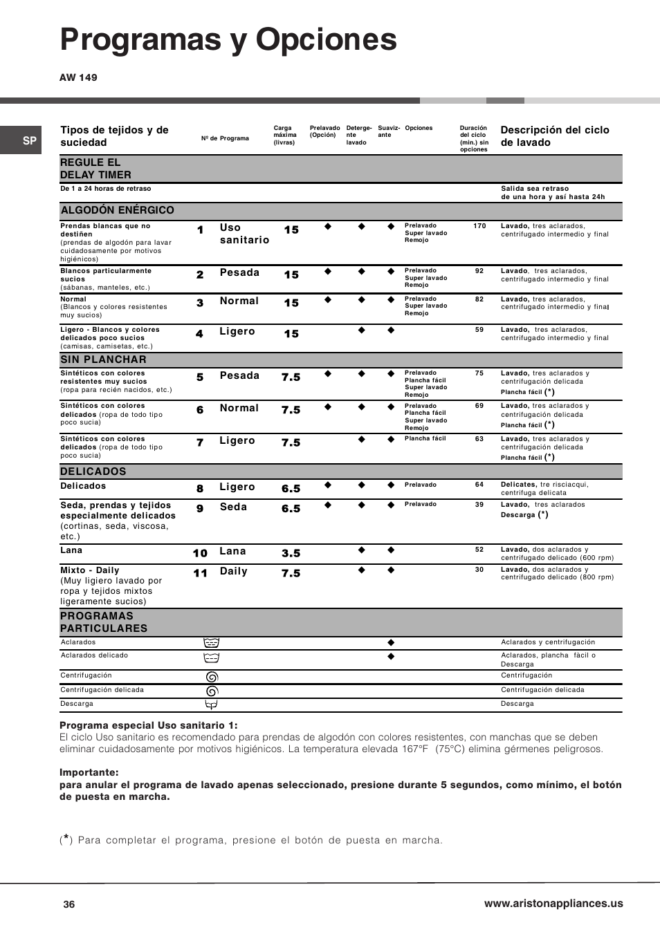 Programas y opciones | Ariston AW 149 User Manual | Page 36 / 72