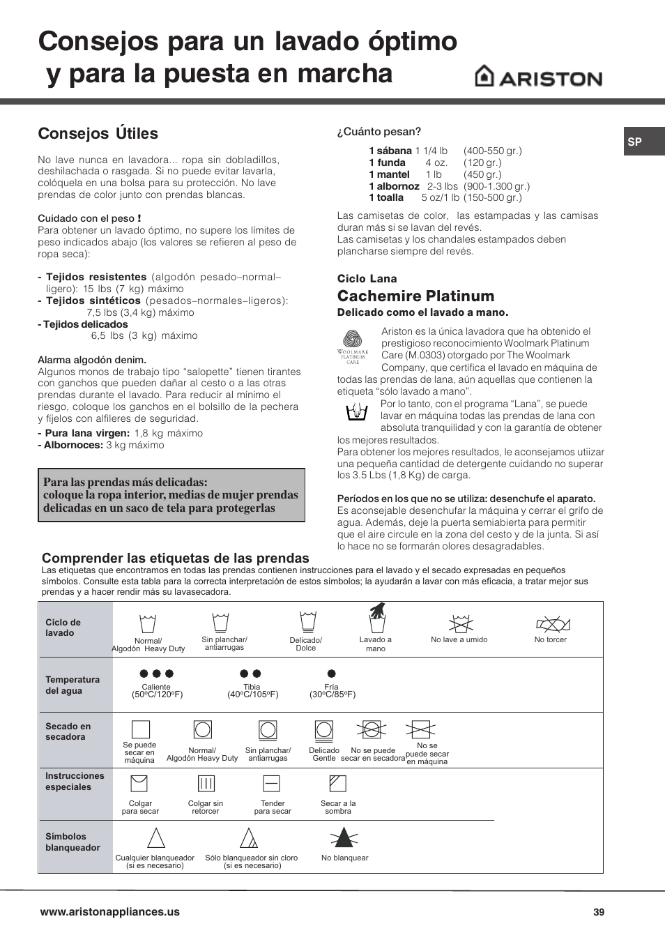 Consejos útiles, Cachemire platinum, Comprender las etiquetas de las prendas | Ariston AW 149 User Manual | Page 39 / 72
