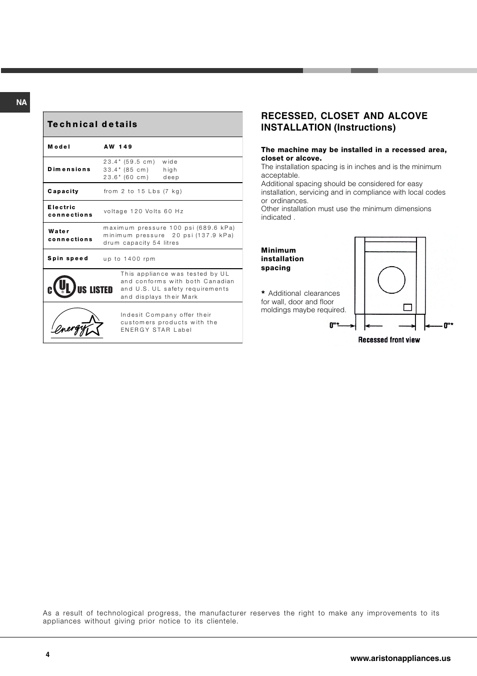 Te ch n ical d e tails, Us listed | Ariston AW 149 User Manual | Page 4 / 72