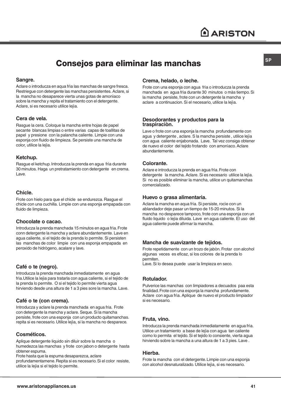 Consejos para eliminar las manchas | Ariston AW 149 User Manual | Page 41 / 72