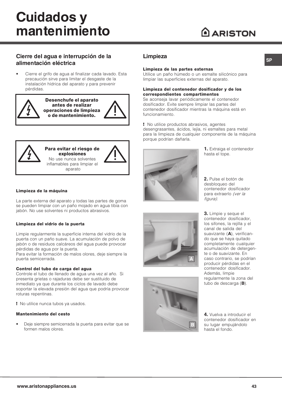 Cuidados y mantenimiento, Limpieza | Ariston AW 149 User Manual | Page 43 / 72