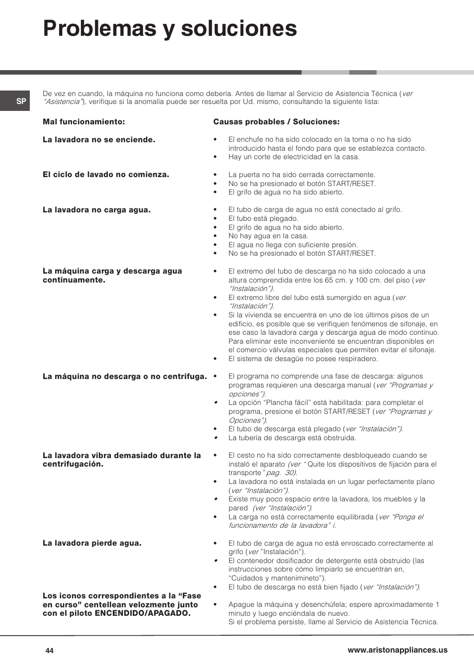 Problemas y soluciones | Ariston AW 149 User Manual | Page 44 / 72