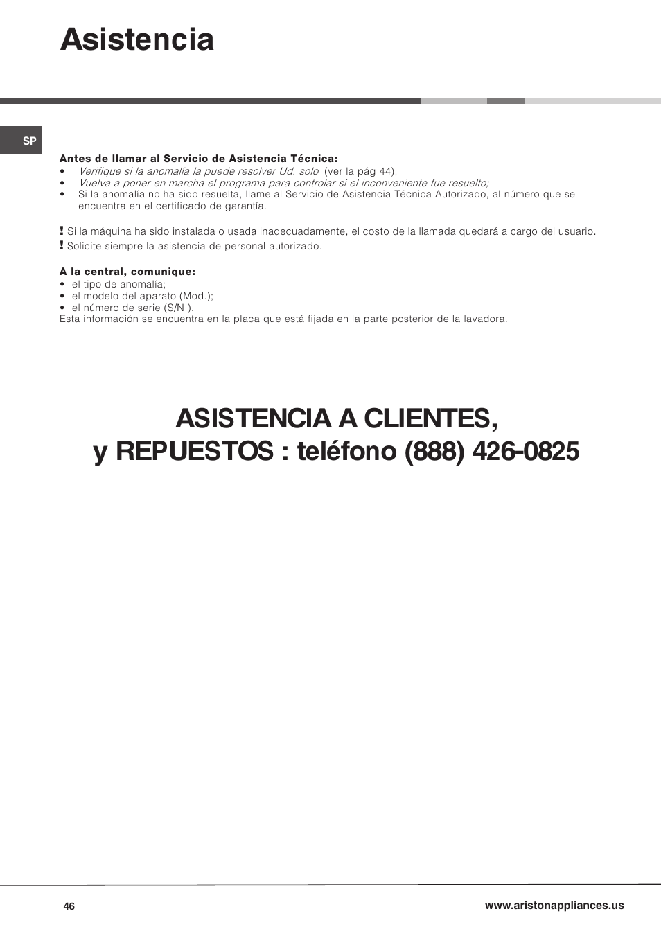 Asistencia | Ariston AW 149 User Manual | Page 46 / 72