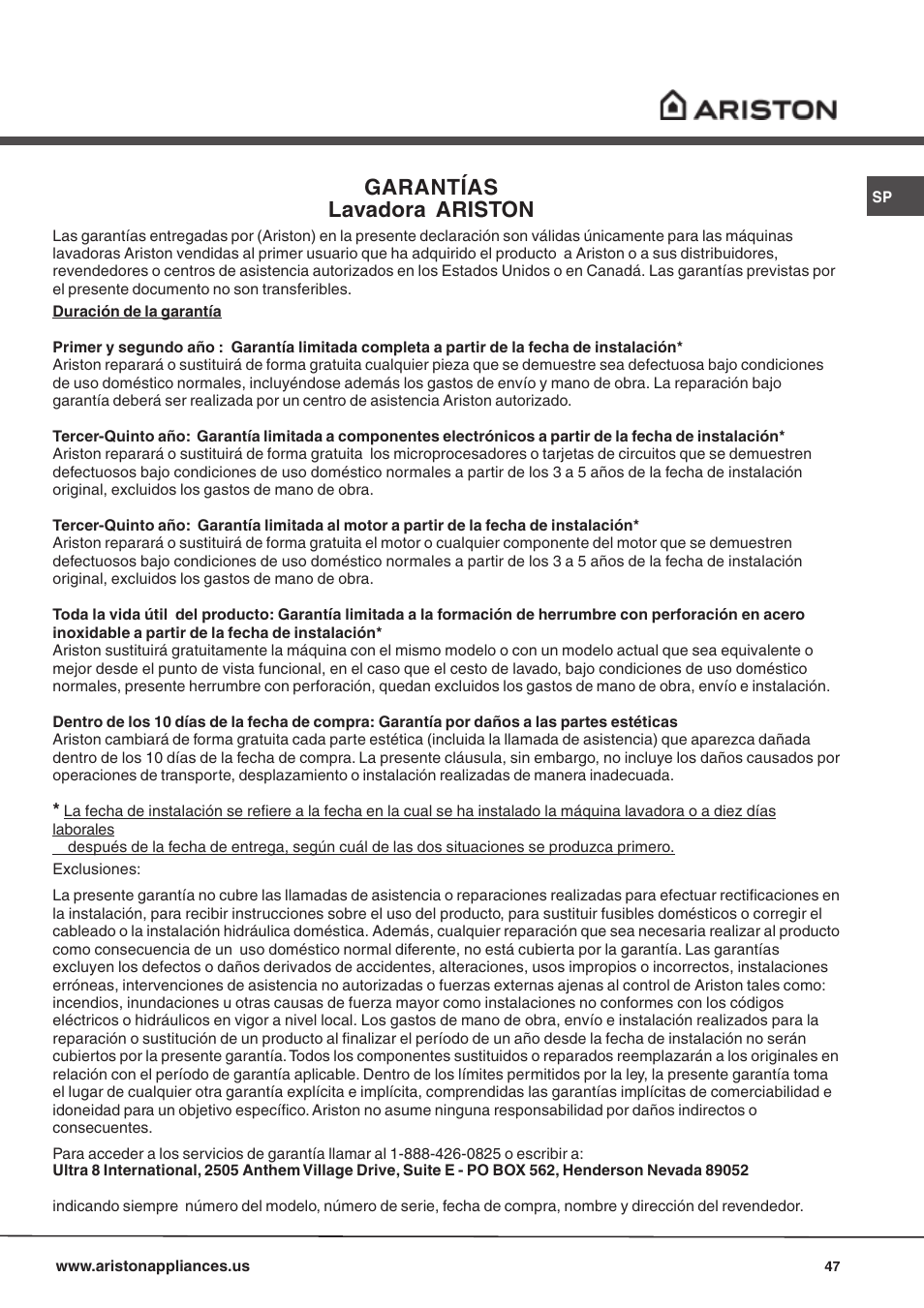 Garantías lavadora ariston | Ariston AW 149 User Manual | Page 47 / 72