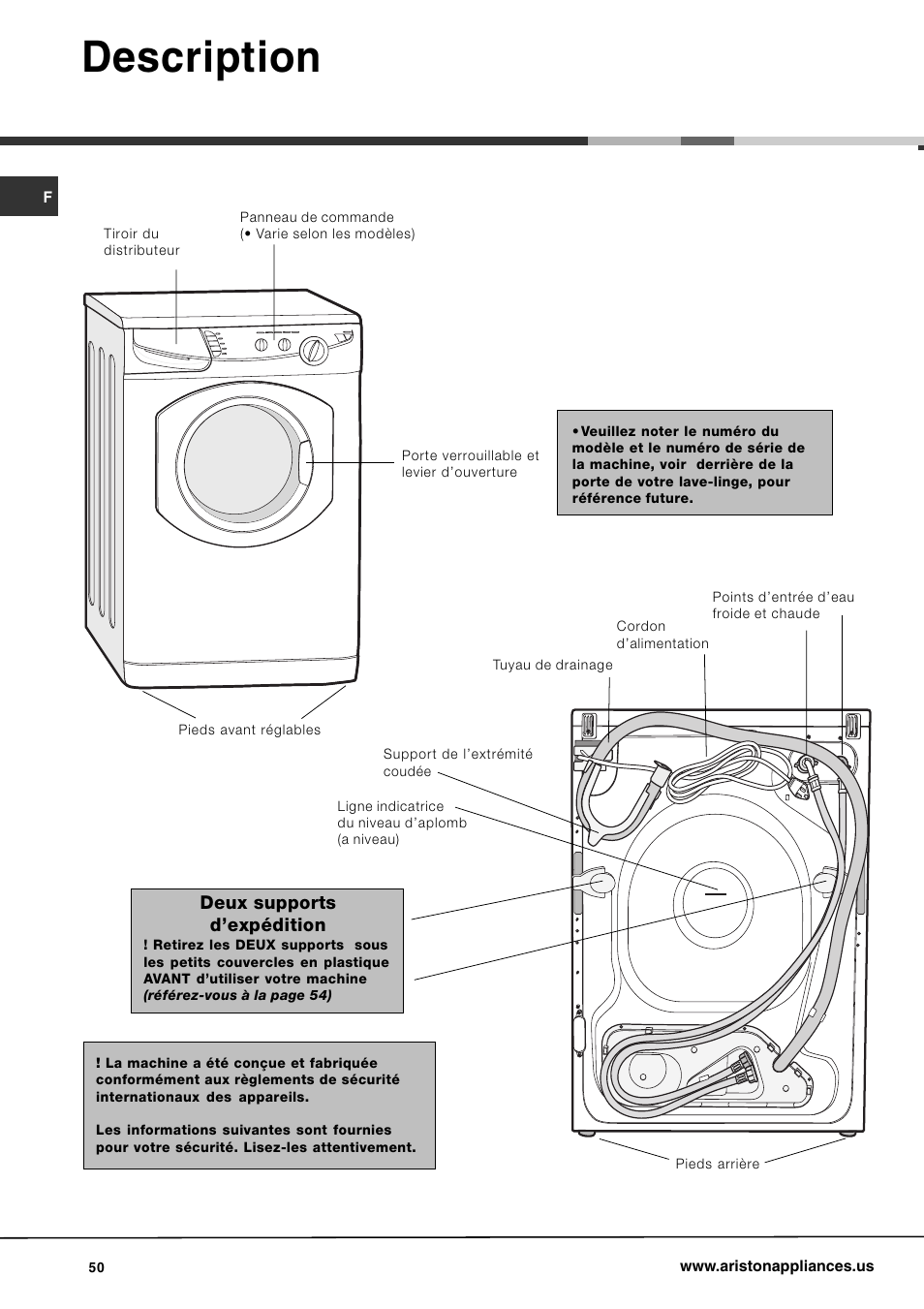 Description, Deux supports dexpédition | Ariston AW 149 User Manual | Page 50 / 72