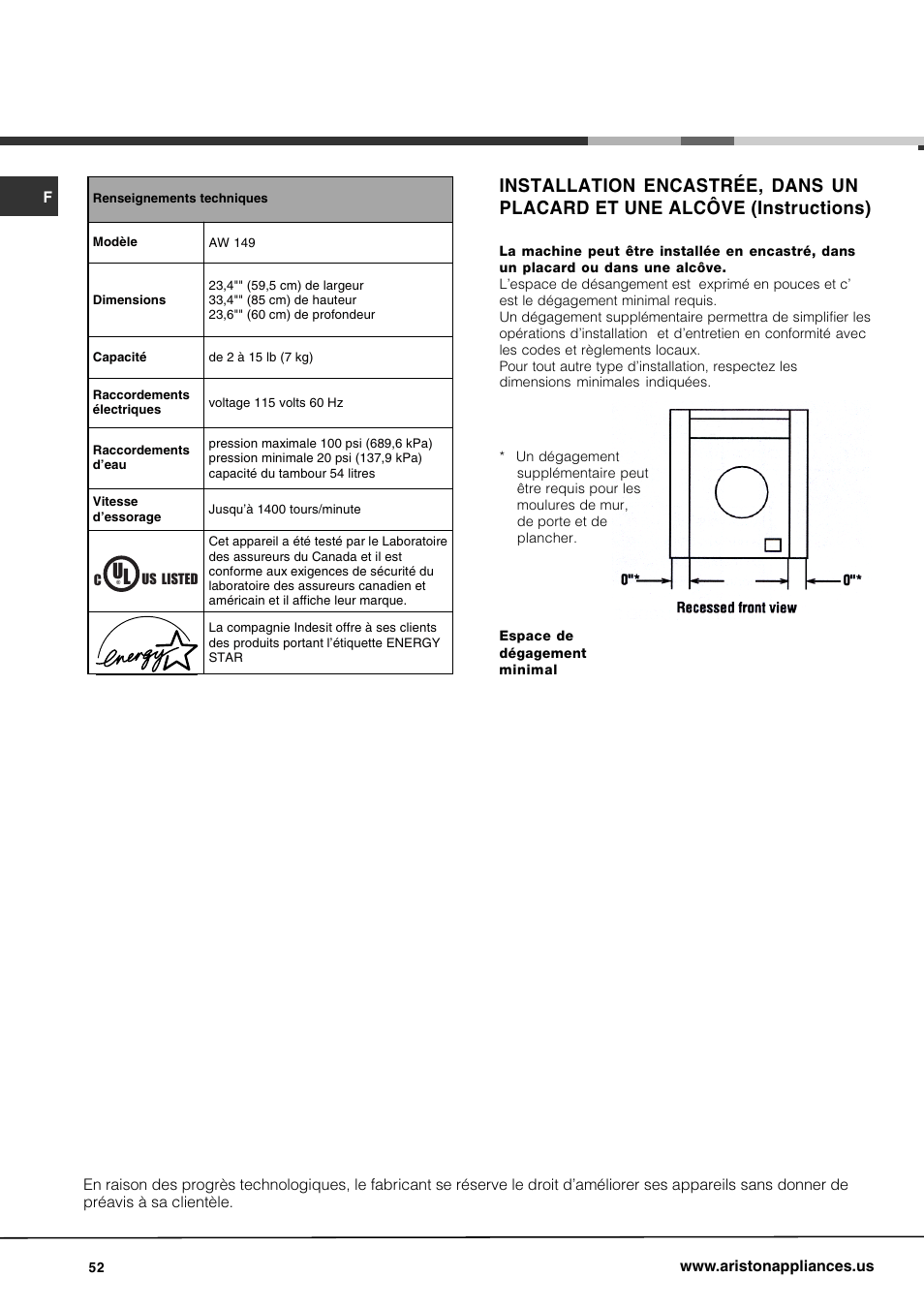 Ariston AW 149 User Manual | Page 52 / 72
