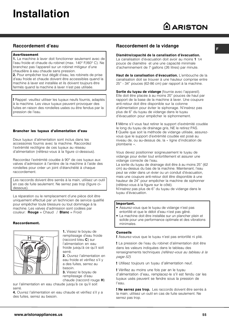 Installation, Raccordement de la vidange, Raccordement deau | Ariston AW 149 User Manual | Page 55 / 72