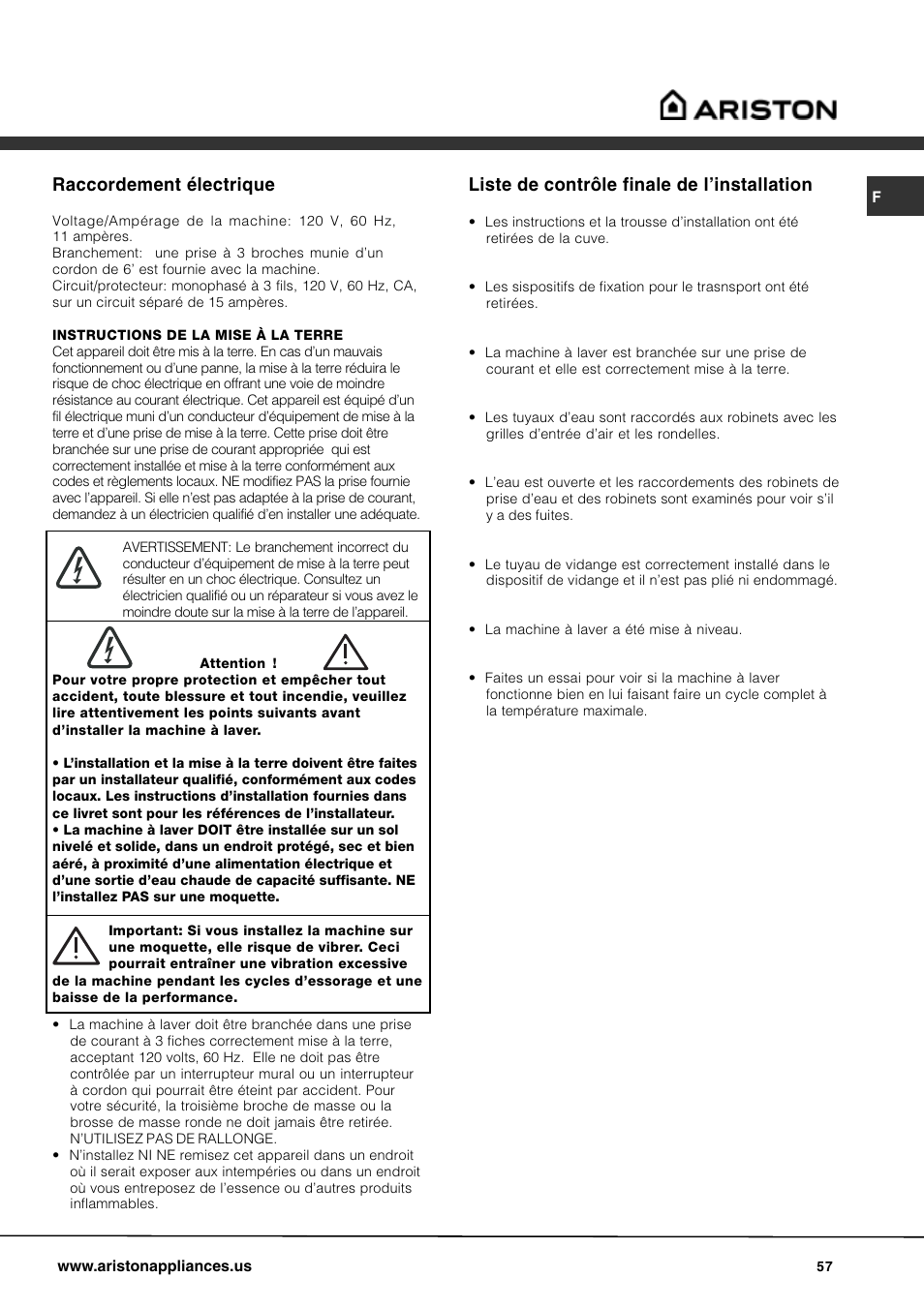 Raccordement électrique, Liste de contrôle finale de linstallation | Ariston AW 149 User Manual | Page 57 / 72
