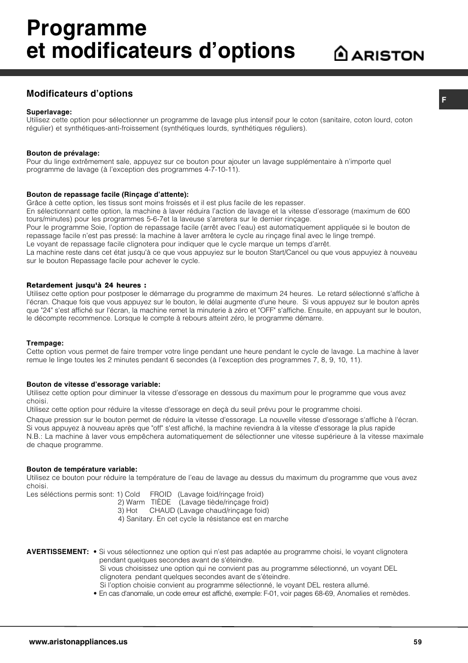 Programme et modificateurs doptions, Modificateurs doptions | Ariston AW 149 User Manual | Page 59 / 72