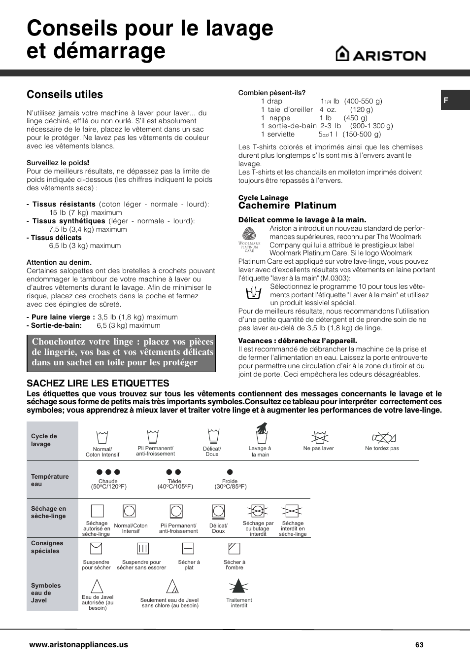 Conseils pour le lavage et démarrage, Conseils utiles, Cachemire platinum | Sachez lire les etiquettes | Ariston AW 149 User Manual | Page 63 / 72