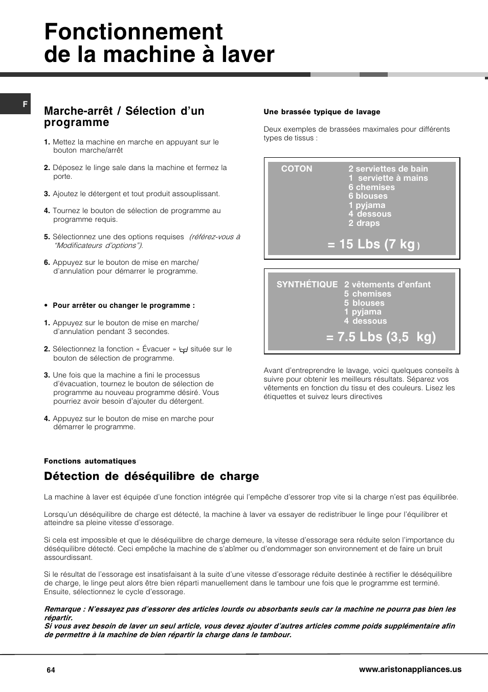 Fonctionnement de la machine à laver, 15 lbs (7 kg, 5 lbs (3,5 kg) | Marche-arrêt / sélection dun programme, Détection de déséquilibre de charge | Ariston AW 149 User Manual | Page 64 / 72