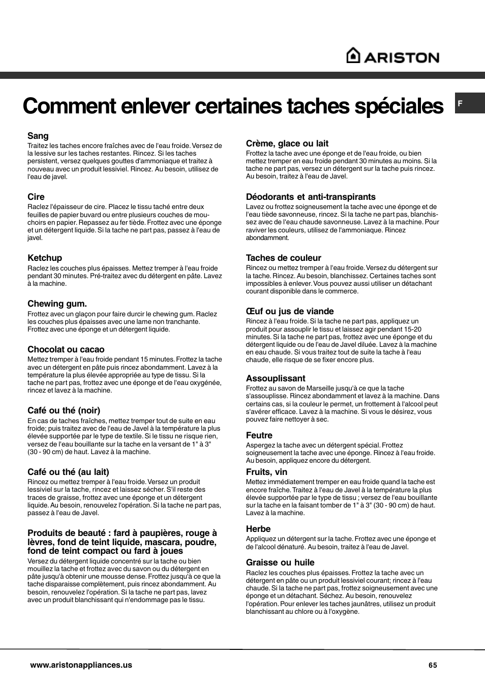 Comment enlever certaines taches spéciales | Ariston AW 149 User Manual | Page 65 / 72