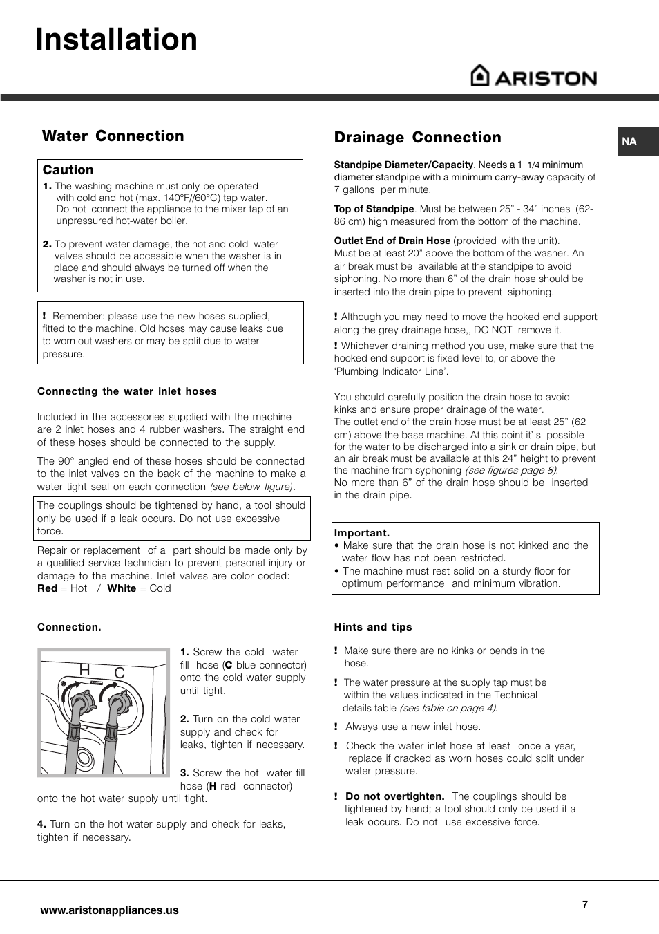 Installation, Water connection, Drainage connection | Caution | Ariston AW 149 User Manual | Page 7 / 72