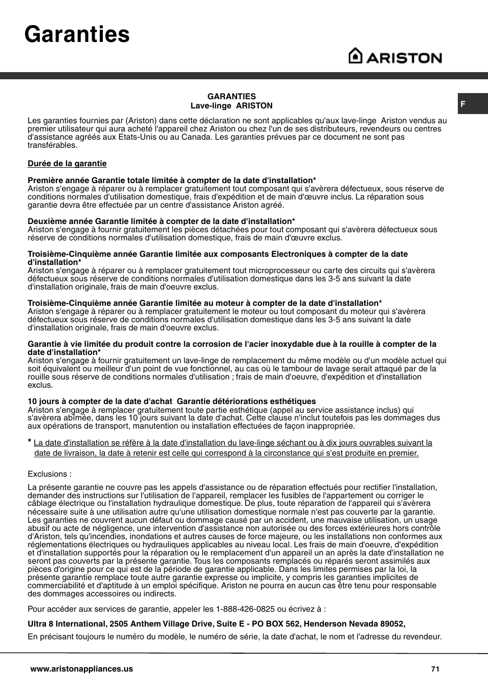 Garanties | Ariston AW 149 User Manual | Page 71 / 72