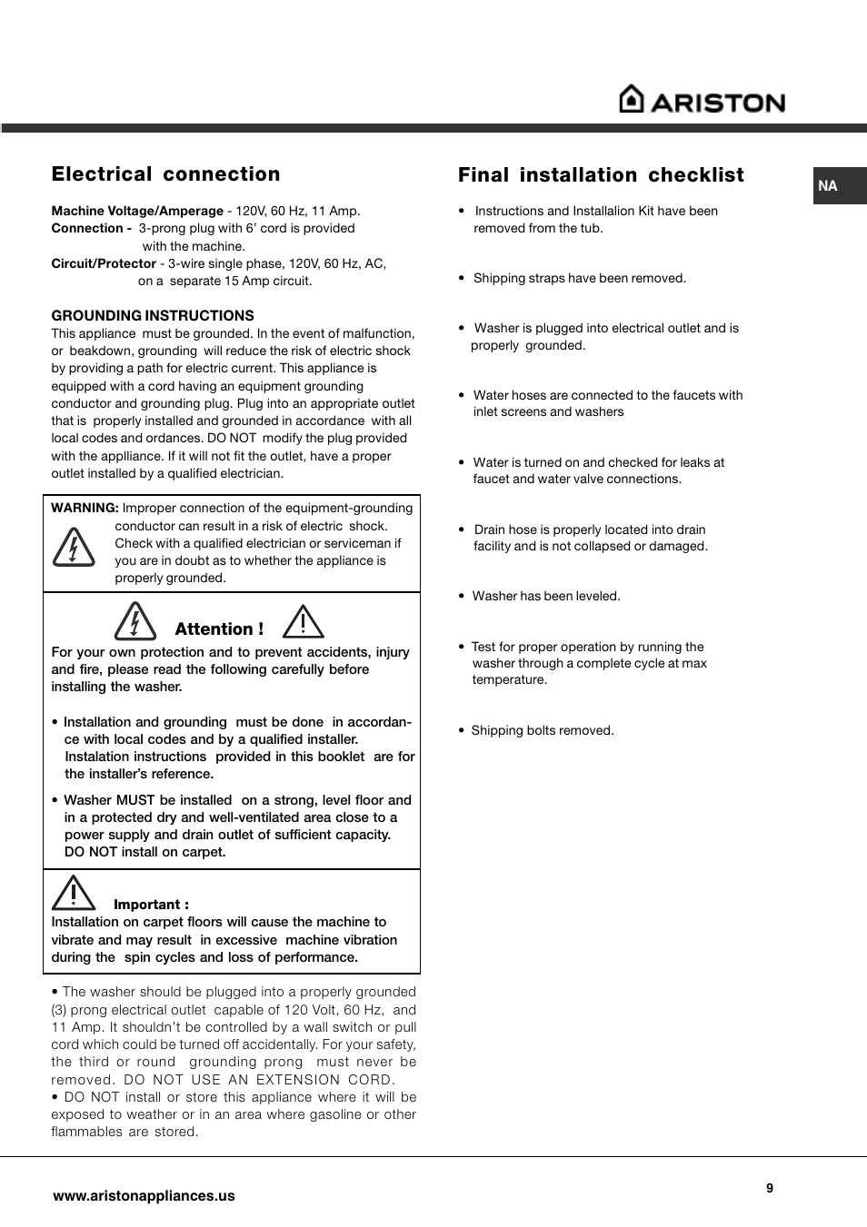 Electrical connection, Final installation checklist, Attention | Ariston AW 149 User Manual | Page 9 / 72