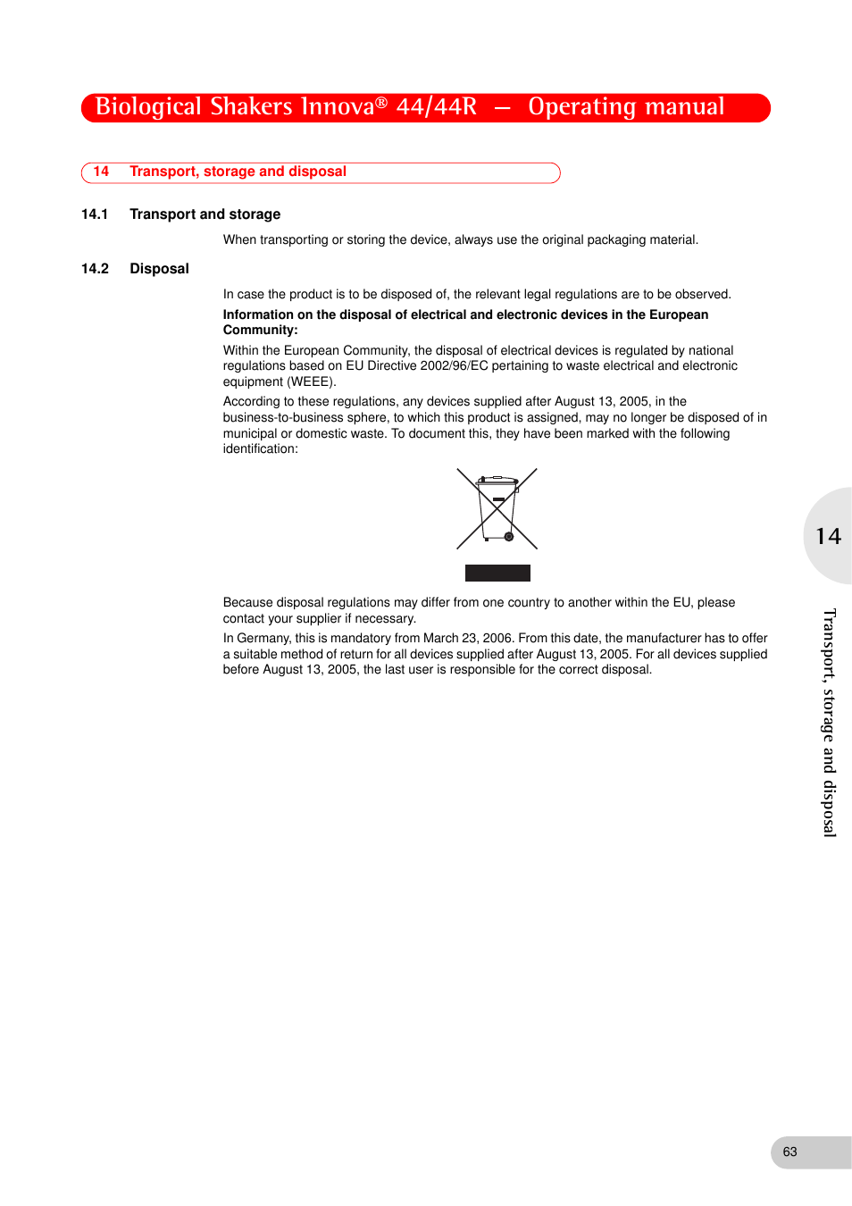 14 transport, storage and disposal, 1 transport and storage, 2 disposal | Transport and storage, Disposal, Transport, storage and disposal | Eppendorf Biological Shakers Innova 44R User Manual | Page 63 / 72