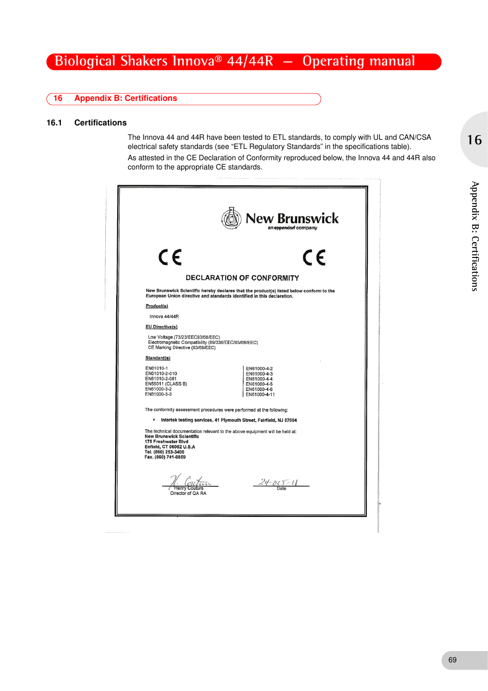 16 appendix b: certifications, 1 certifications, Certifications | Eppendorf Biological Shakers Innova 44R User Manual | Page 69 / 72