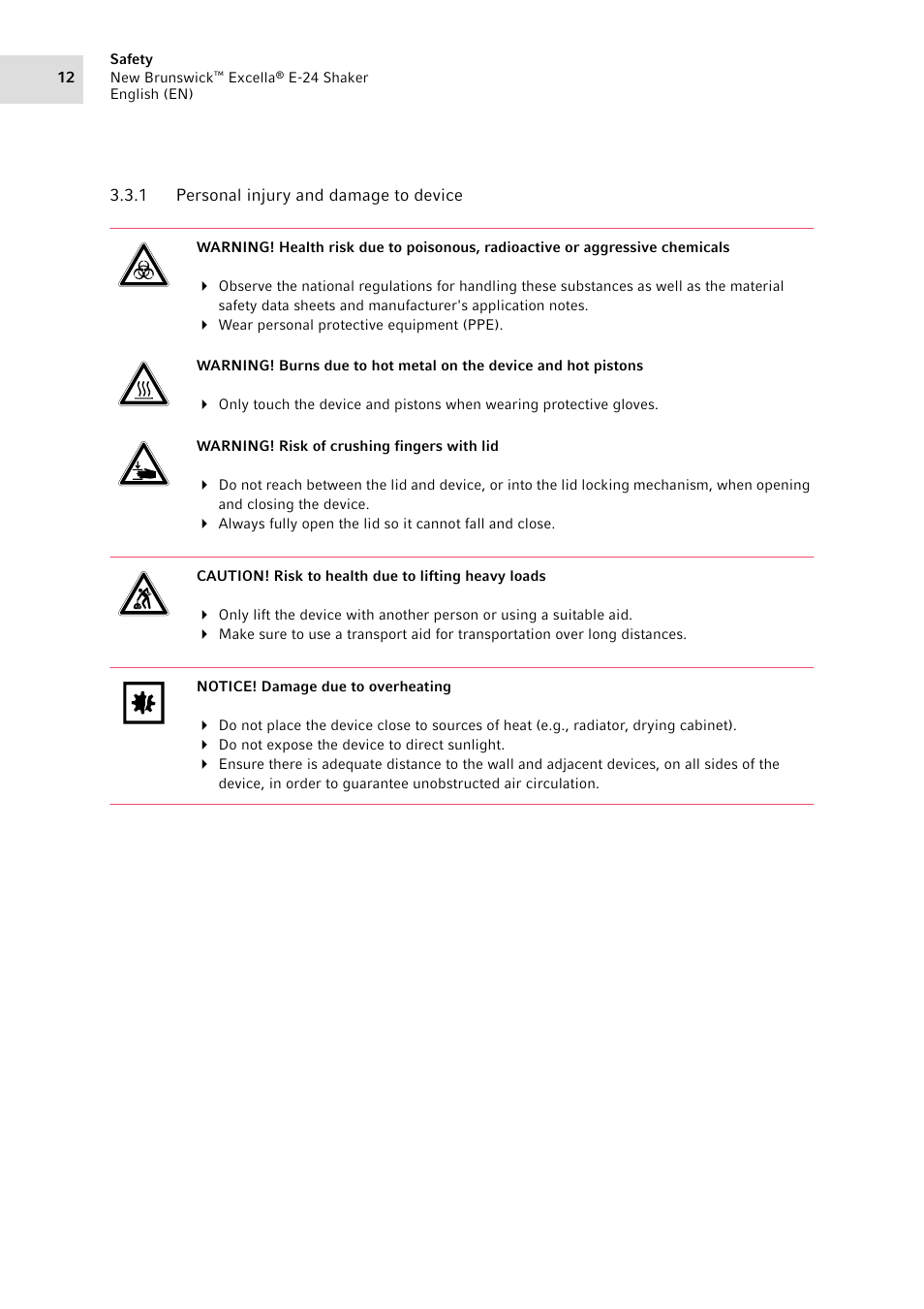 1 personal injury and damage to device, Personal injury and damage to device | Eppendorf New Brunswick Excella E-24 Shaker User Manual | Page 12 / 44