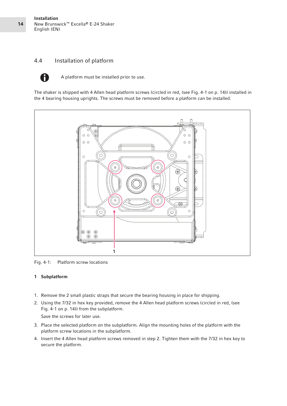 4 installation of platform, Installation of platform | Eppendorf New Brunswick Excella E-24 Shaker User Manual | Page 14 / 44