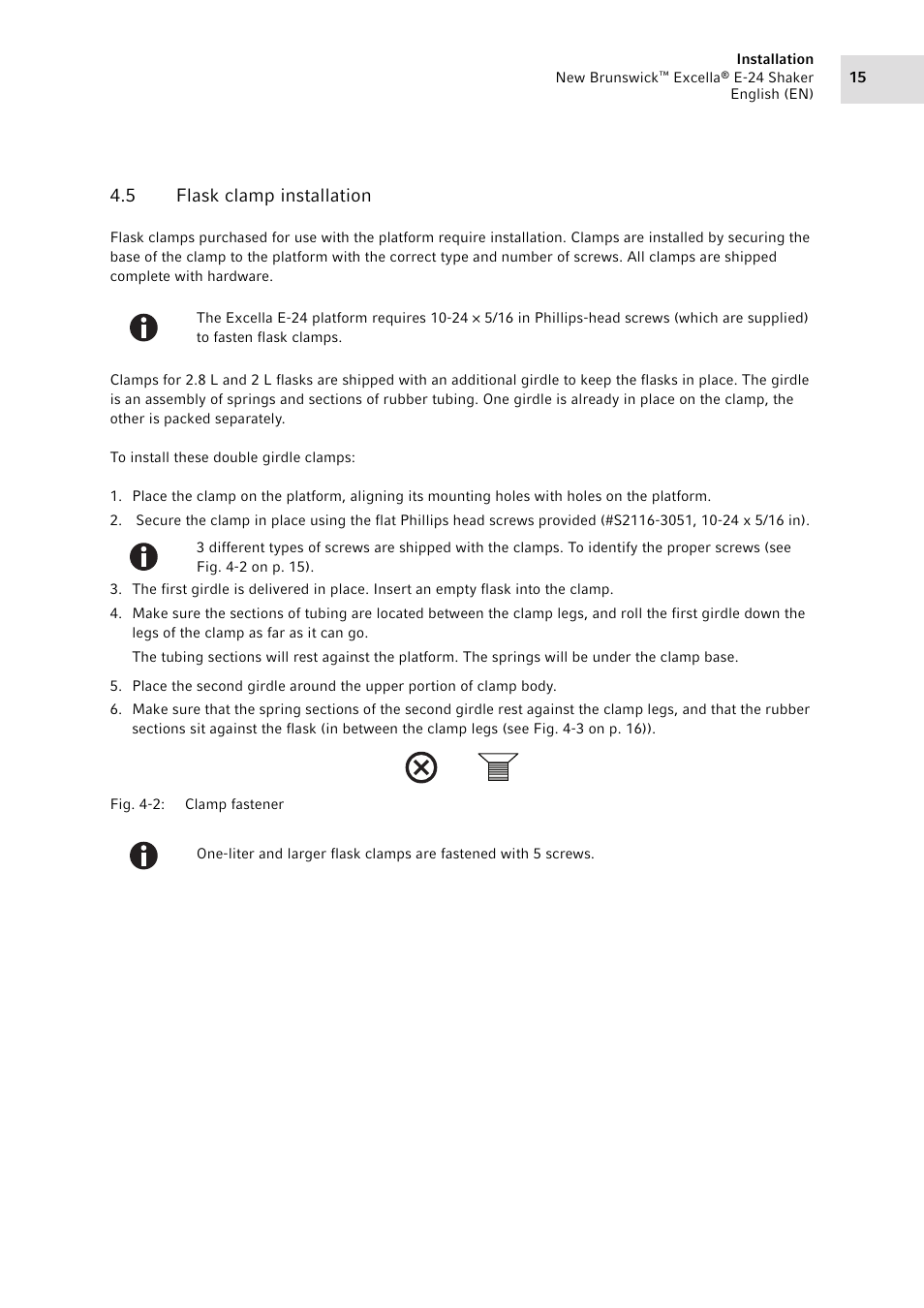 5 flask clamp installation, Flask clamp installation | Eppendorf New Brunswick Excella E-24 Shaker User Manual | Page 15 / 44