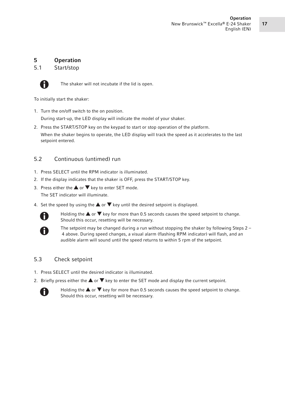 5 operation, 1 start/stop, 2 continuous (untimed) run | 3 check setpoint, Operation 5.1, Start/stop, Continuous (untimed) run, Check setpoint, 5operation 5.1 start/stop | Eppendorf New Brunswick Excella E-24 Shaker User Manual | Page 17 / 44