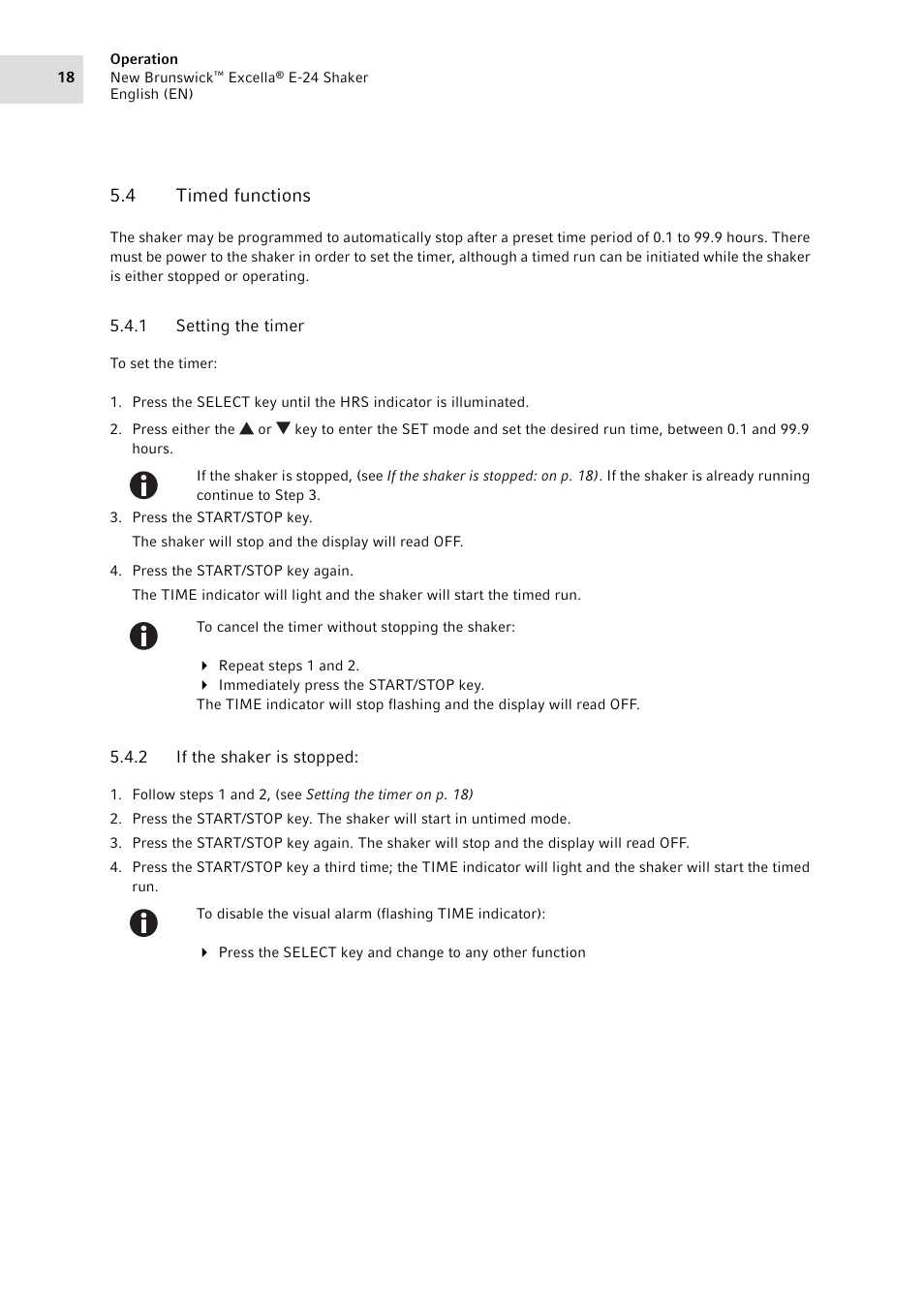 4 timed functions, 1 setting the timer, 2 if the shaker is stopped | Timed functions 5.4.1, Setting the timer, If the shaker is stopped | Eppendorf New Brunswick Excella E-24 Shaker User Manual | Page 18 / 44