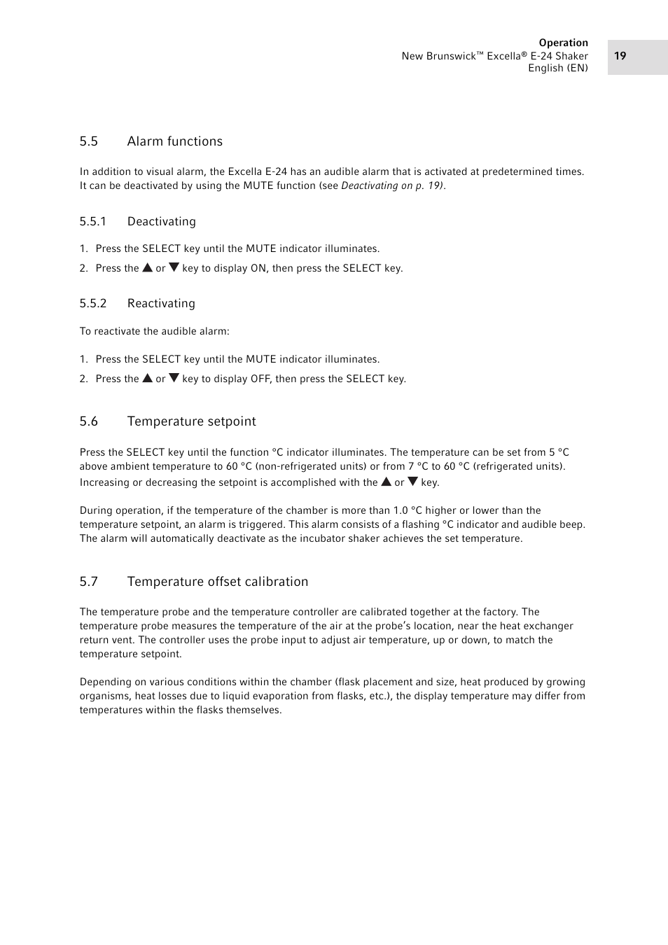 5 alarm functions, 1 deactivating, 2 reactivating | 6 temperature setpoint, 7 temperature offset calibration, Alarm functions 5.5.1, Deactivating, Reactivating, Temperature setpoint, Temperature offset calibration | Eppendorf New Brunswick Excella E-24 Shaker User Manual | Page 19 / 44