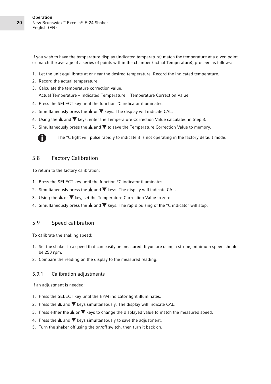 8 factory calibration, 9 speed calibration, 1 calibration adjustments | Factory calibration, Speed calibration 5.9.1, Calibration adjustments | Eppendorf New Brunswick Excella E-24 Shaker User Manual | Page 20 / 44