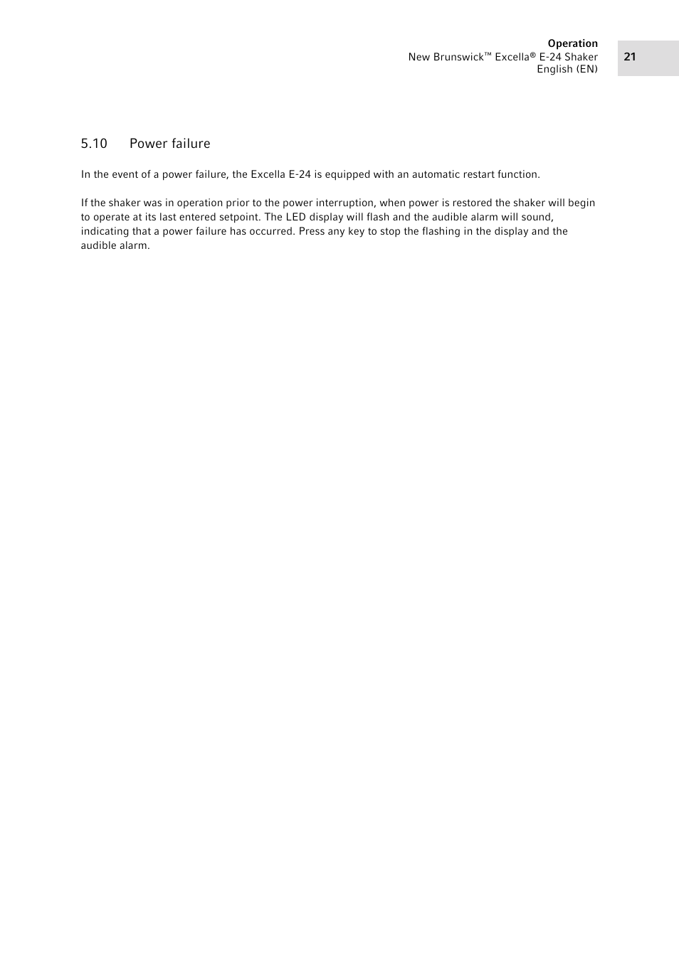10 power failure, Power failure | Eppendorf New Brunswick Excella E-24 Shaker User Manual | Page 21 / 44