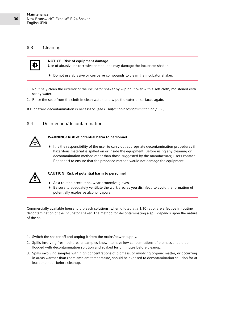 3 cleaning, 4 disinfection/decontamination, Cleaning | Disinfection/decontamination | Eppendorf New Brunswick Excella E-24 Shaker User Manual | Page 30 / 44