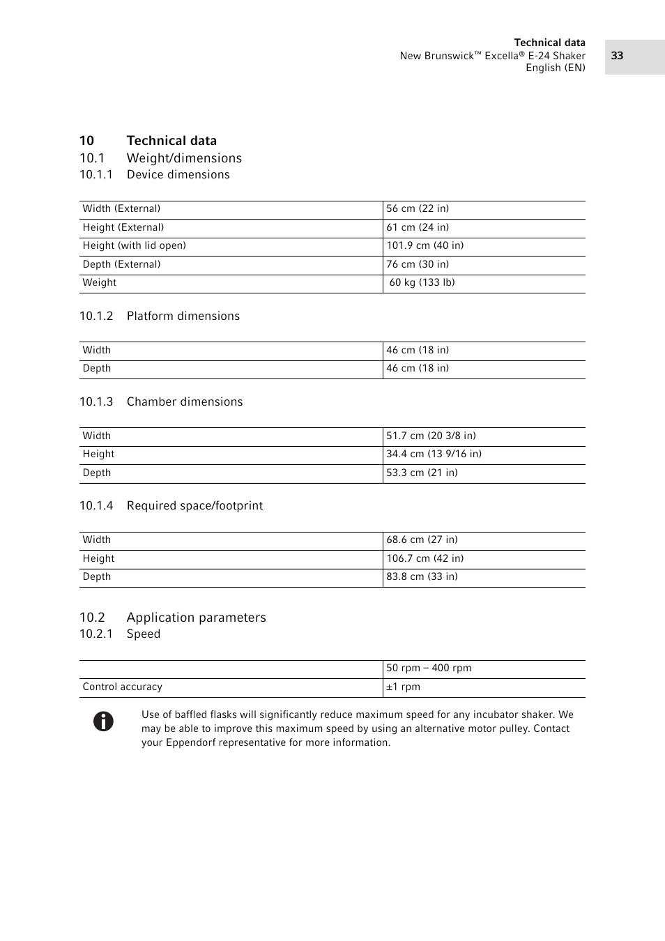 10 technical data, 1 weight/dimensions, 1 device dimensions | 2 platform dimensions, 3 chamber dimensions, 4 required space/footprint, 2 application parameters, 1 speed, Weight/dimensions 10.1.1, Device dimensions | Eppendorf New Brunswick Excella E-24 Shaker User Manual | Page 33 / 44