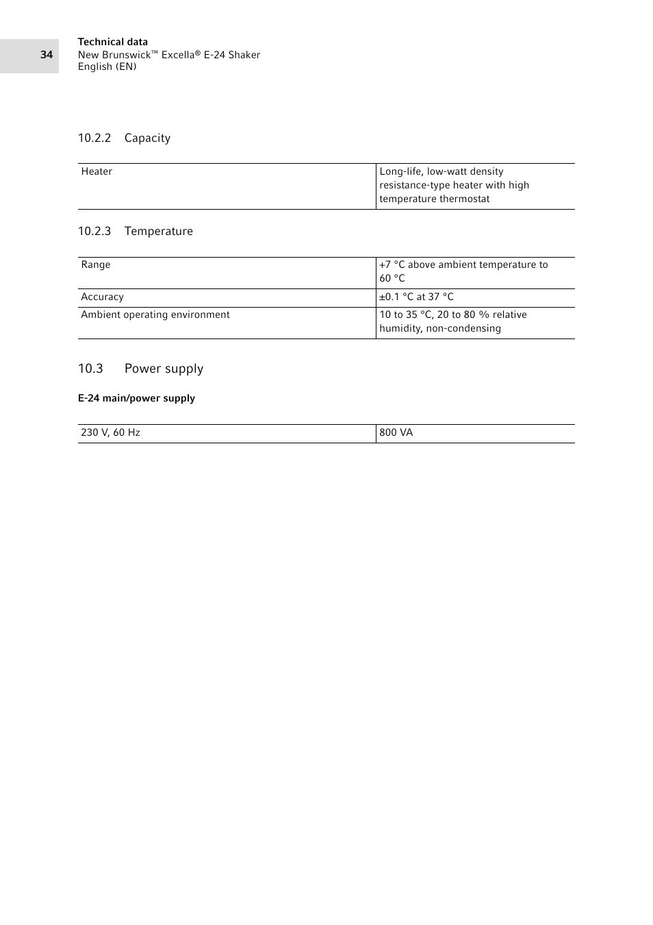 2 capacity, 3 temperature, 3 power supply | Capacity, Temperature, Power supply | Eppendorf New Brunswick Excella E-24 Shaker User Manual | Page 34 / 44