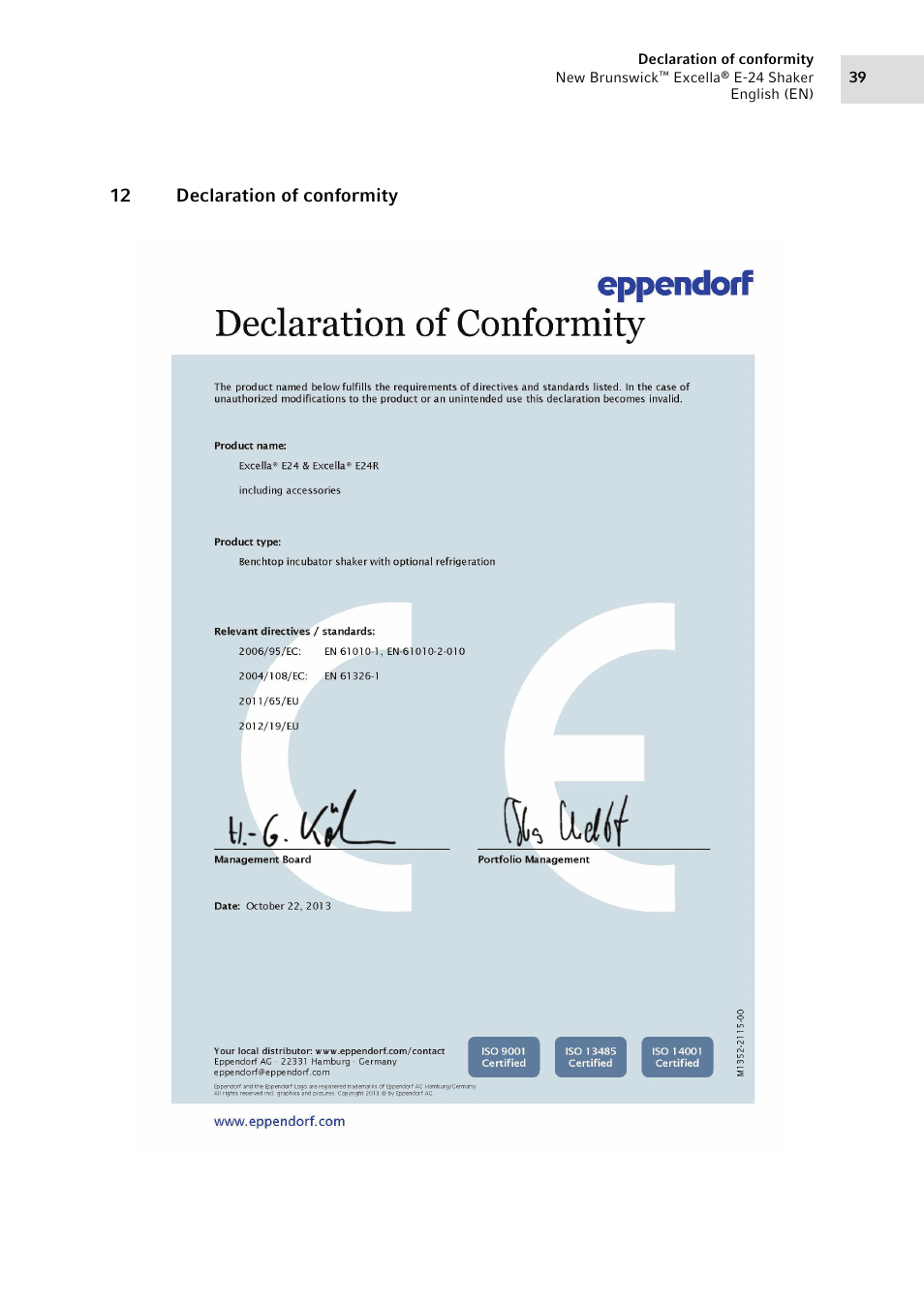 12 declaration of conformity | Eppendorf New Brunswick Excella E-24 Shaker User Manual | Page 39 / 44
