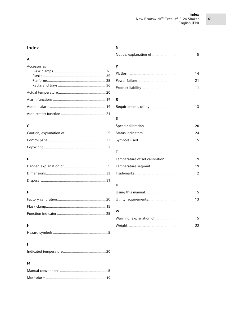 Index | Eppendorf New Brunswick Excella E-24 Shaker User Manual | Page 41 / 44