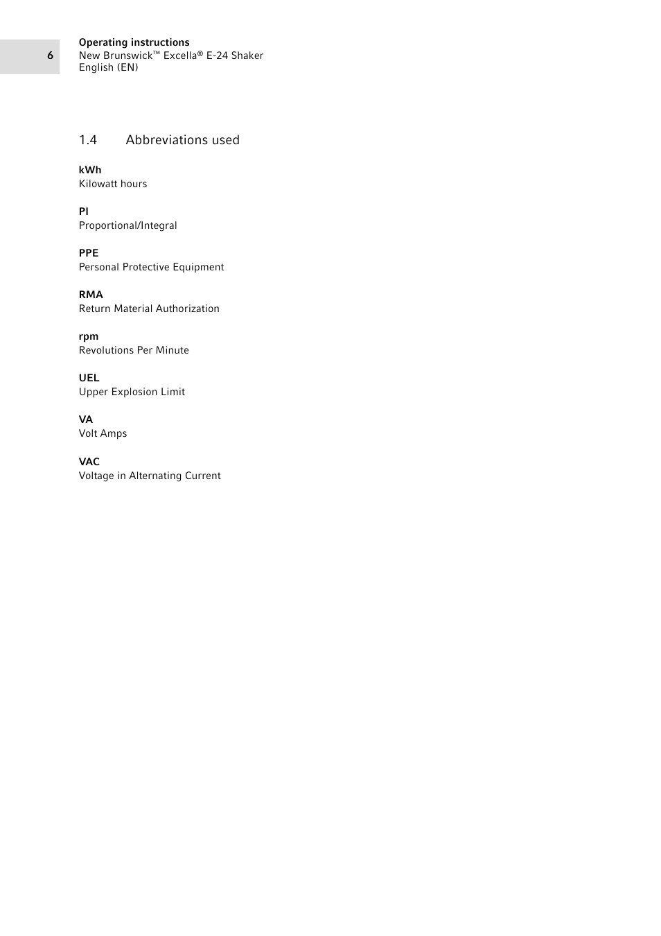 4 abbreviations used, Abbreviations used | Eppendorf New Brunswick Excella E-24 Shaker User Manual | Page 6 / 44