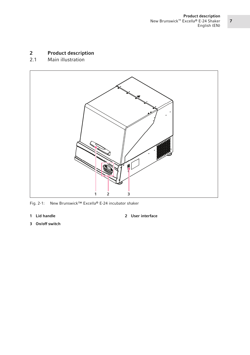 2 product description, 1 main illustration, Product description 2.1 | Main illustration, 2product description 2.1 main illustration | Eppendorf New Brunswick Excella E-24 Shaker User Manual | Page 7 / 44