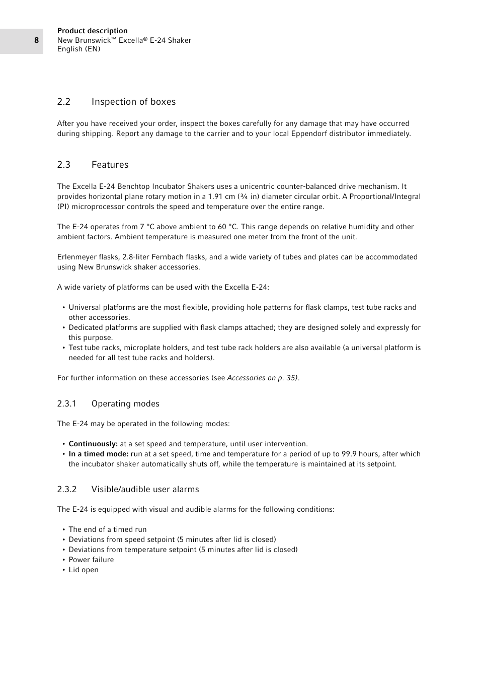 2 inspection of boxes, 3 features, 1 operating modes | 2 visible/audible user alarms, Inspection of boxes, Features 2.3.1, Operating modes, Visible/audible user alarms | Eppendorf New Brunswick Excella E-24 Shaker User Manual | Page 8 / 44