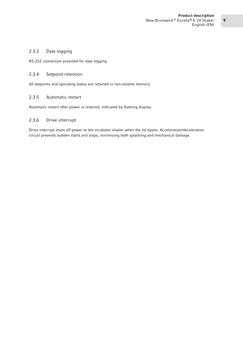 3 data logging, 4 setpoint retention, 5 automatic restart | 6 drive interrupt, Data logging, Setpoint retention, Automatic restart, Drive interrupt | Eppendorf New Brunswick Excella E-24 Shaker User Manual | Page 9 / 44