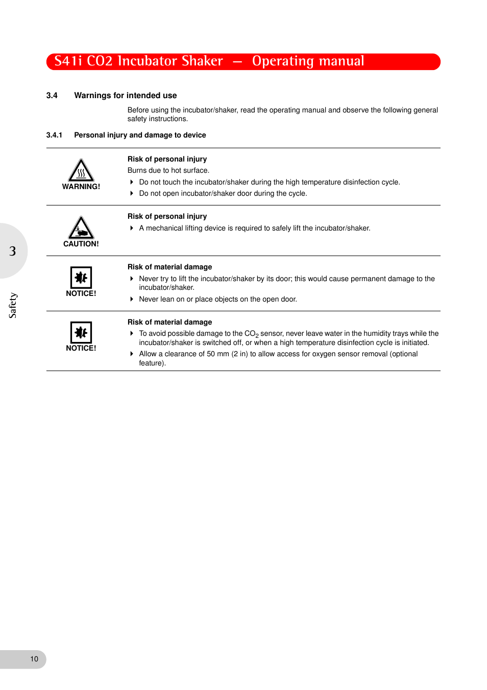 4 warnings for intended use, 1 personal injury and damage to device, Warnings for intended use 3.4.1 | Personal injury and damage to device, S41i co2 incubator shaker — operating manual, Safety | Eppendorf S41i Incubator Shaker User Manual | Page 10 / 72