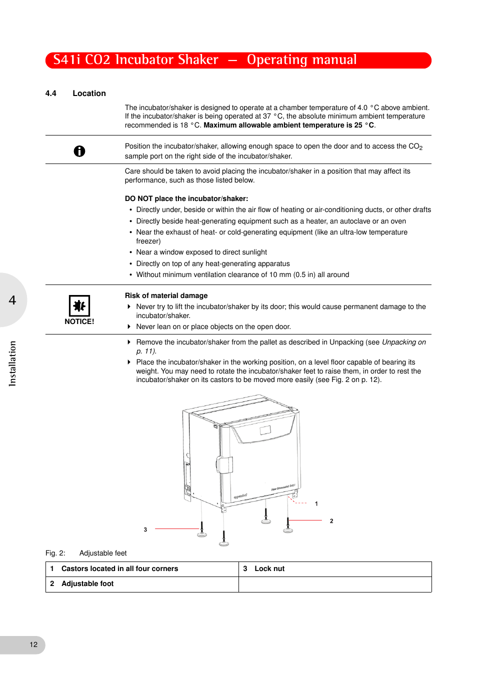 4 location, Location, S41i co2 incubator shaker — operating manual | Installation | Eppendorf S41i Incubator Shaker User Manual | Page 12 / 72