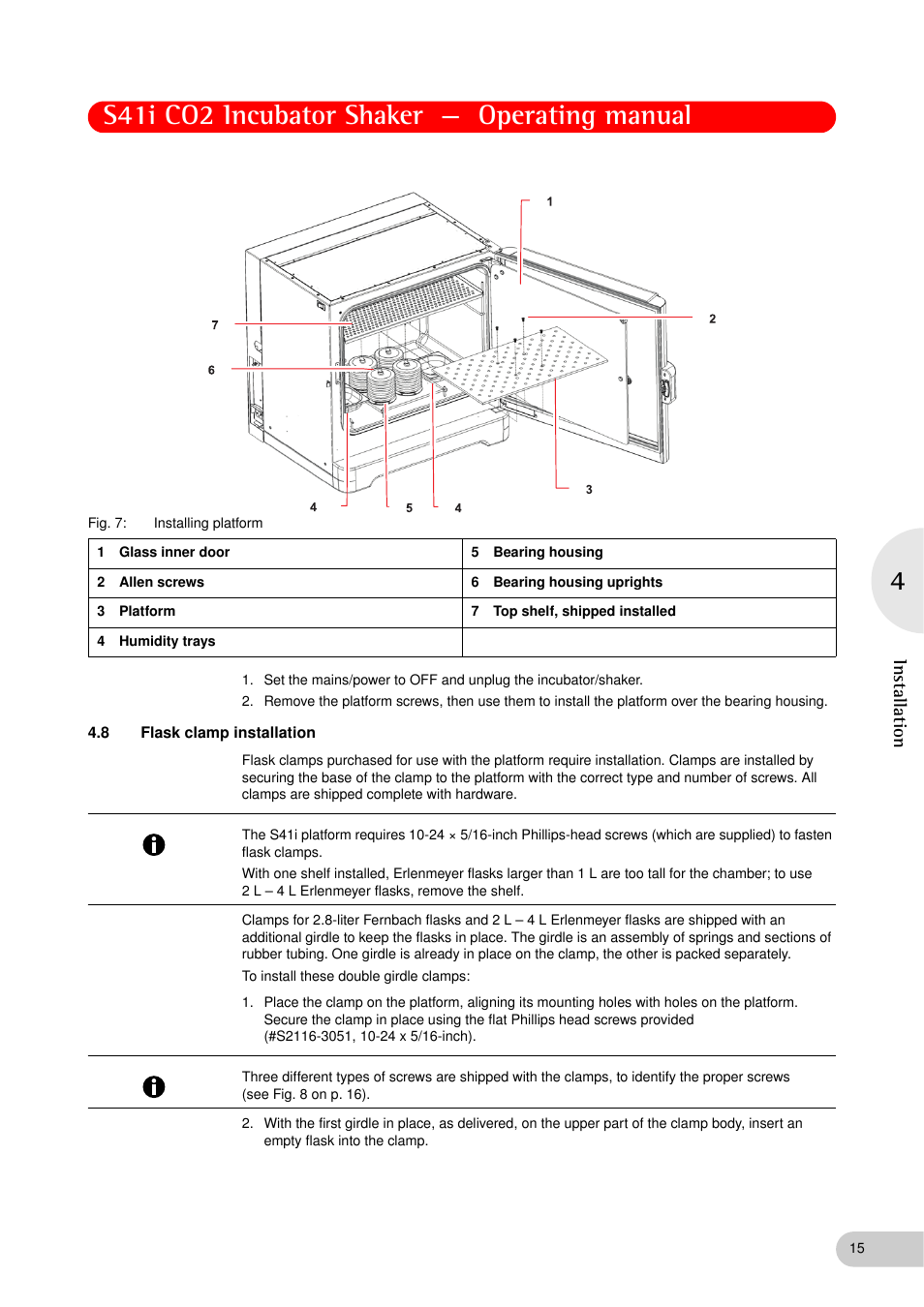 8 flask clamp installation, Flask clamp installation, S41i co2 incubator shaker — operating manual | Installation | Eppendorf S41i Incubator Shaker User Manual | Page 15 / 72