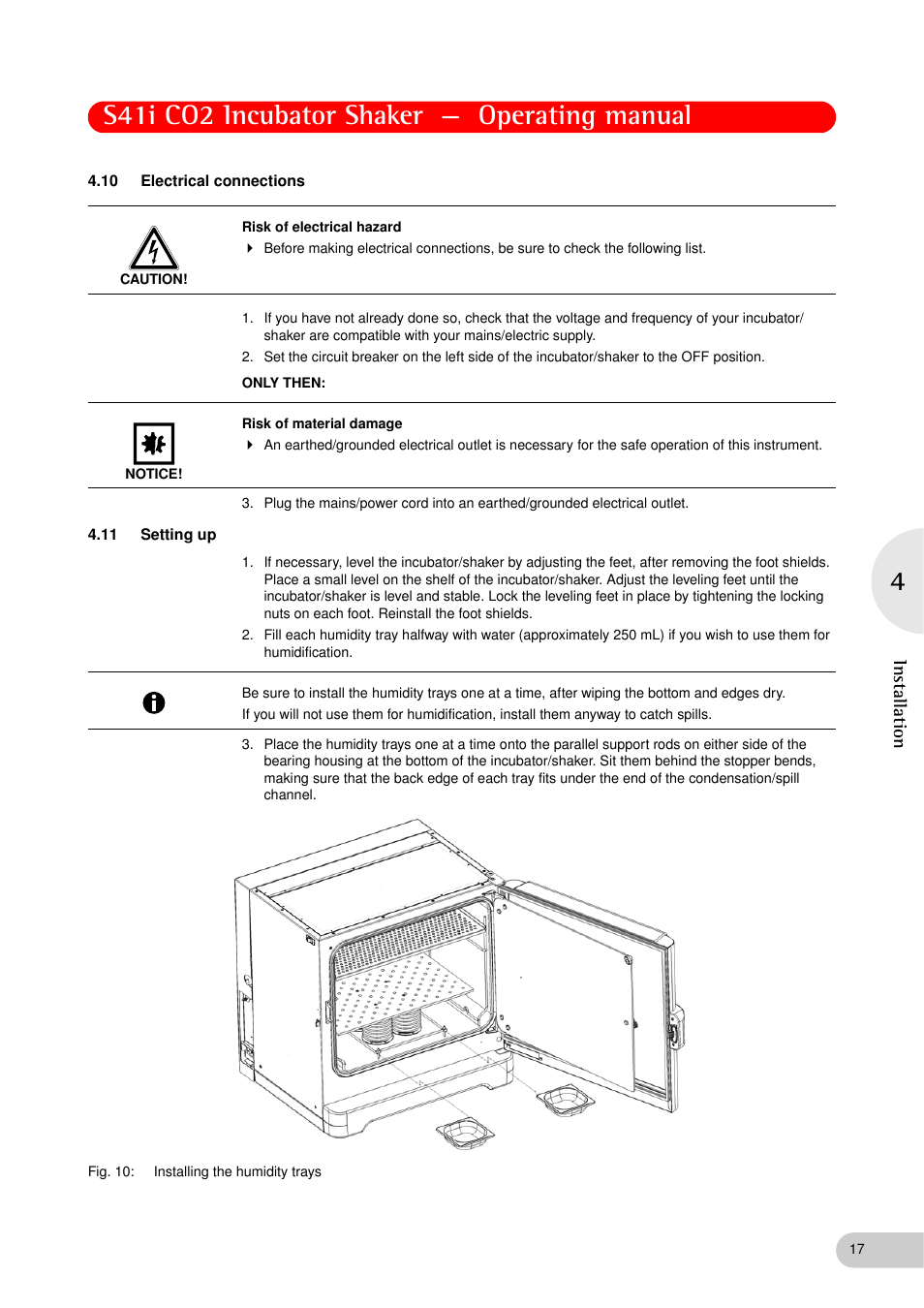 10 electrical connections, 11 setting up, Electrical connections | Setting up, S41i co2 incubator shaker — operating manual, Installation | Eppendorf S41i Incubator Shaker User Manual | Page 17 / 72