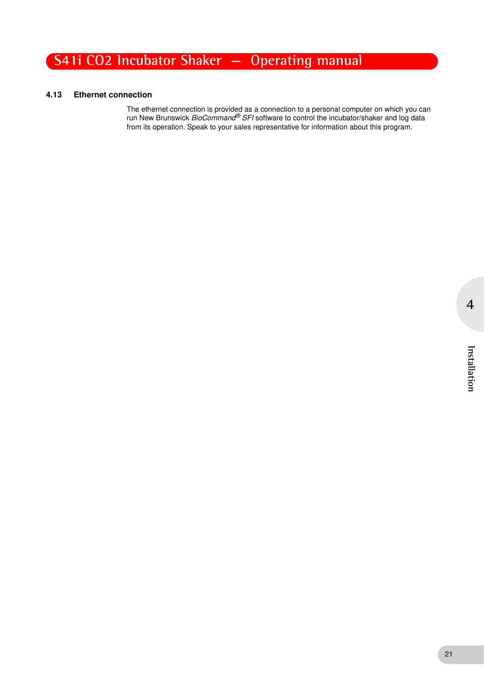 13 ethernet connection, Ethernet connection, S41i co2 incubator shaker — operating manual | Eppendorf S41i Incubator Shaker User Manual | Page 21 / 72