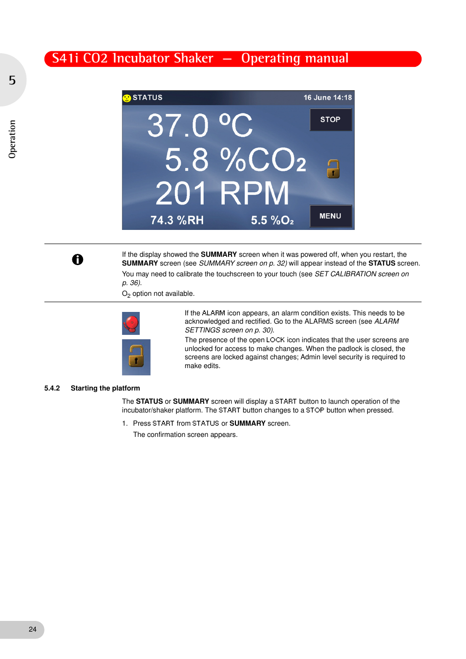 2 starting the platform, Starting the platform, S41i co2 incubator shaker — operating manual | Operation | Eppendorf S41i Incubator Shaker User Manual | Page 24 / 72