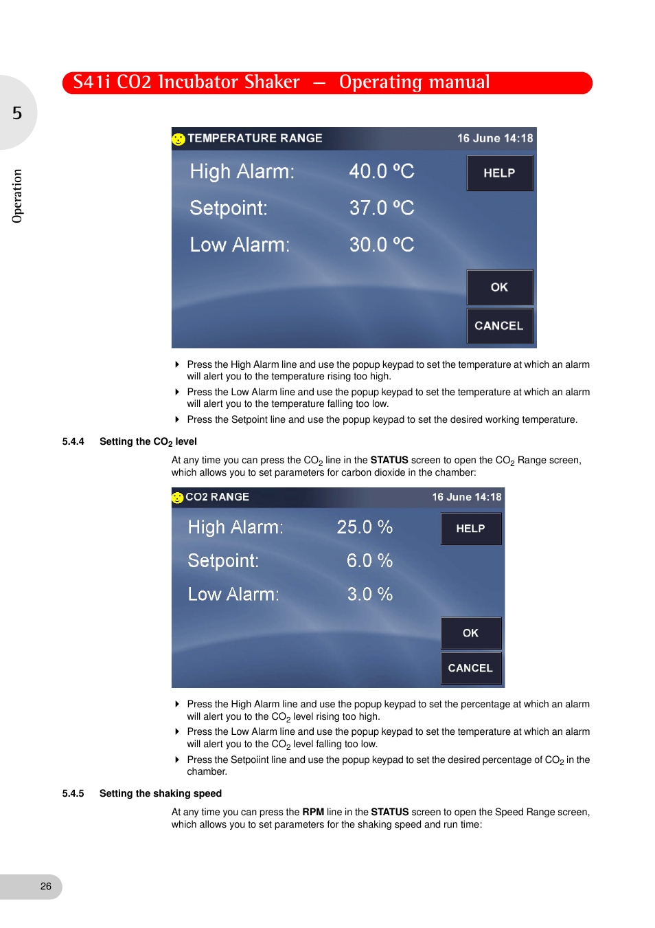 4 setting the co2 level, 5 setting the shaking speed, Setting the co | Level, Setting the shaking speed, S41i co2 incubator shaker — operating manual, Operation | Eppendorf S41i Incubator Shaker User Manual | Page 26 / 72