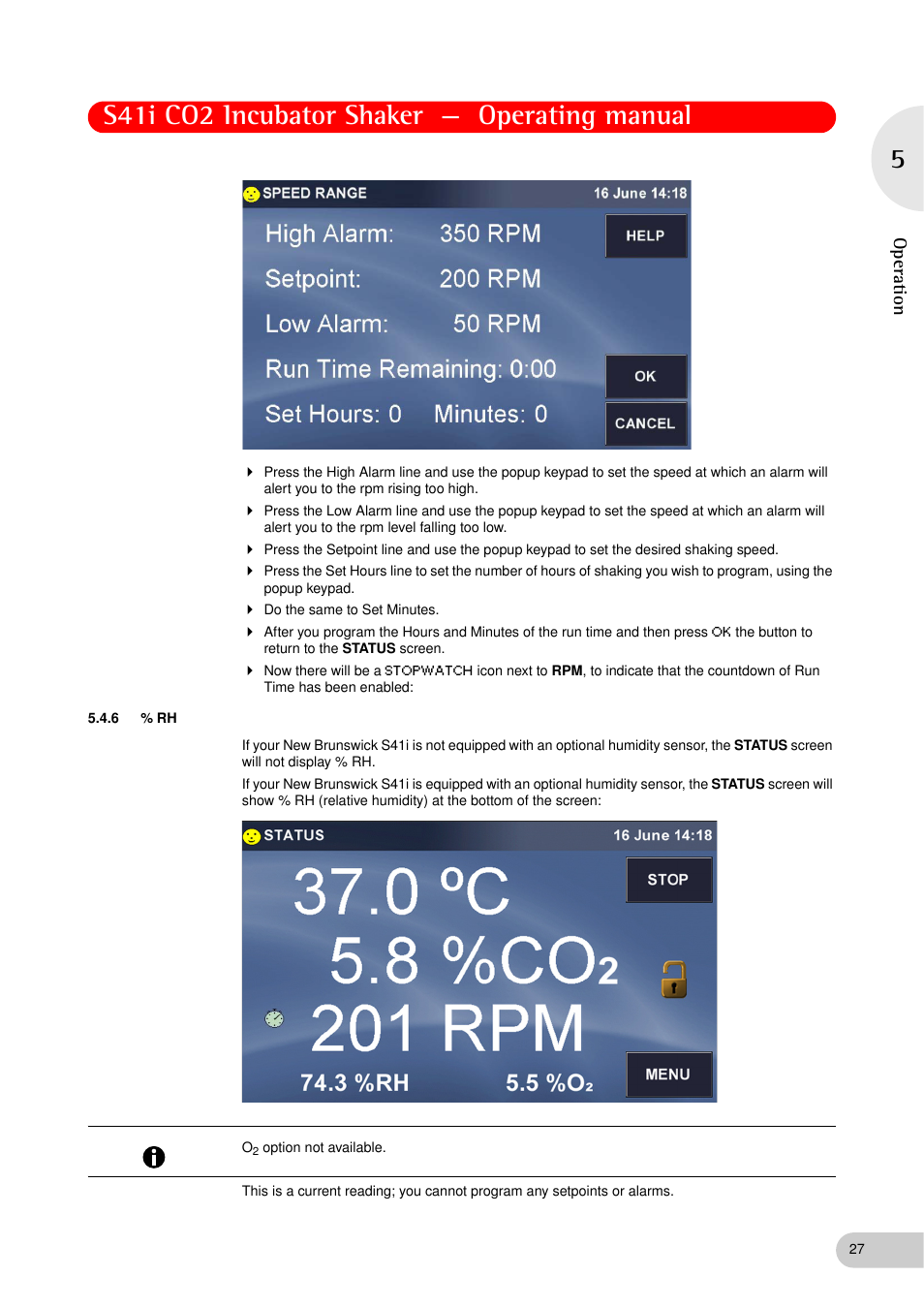 6 % rh, S41i co2 incubator shaker — operating manual, Op er at ion | Eppendorf S41i Incubator Shaker User Manual | Page 27 / 72