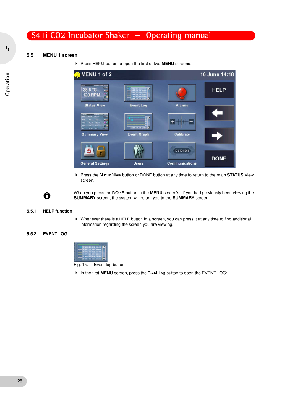 5 menu 1 screen, 1 help function, 2 event log | Menu 1 screen 5.5.1, Help function, Event log, S41i co2 incubator shaker — operating manual, Operation | Eppendorf S41i Incubator Shaker User Manual | Page 28 / 72